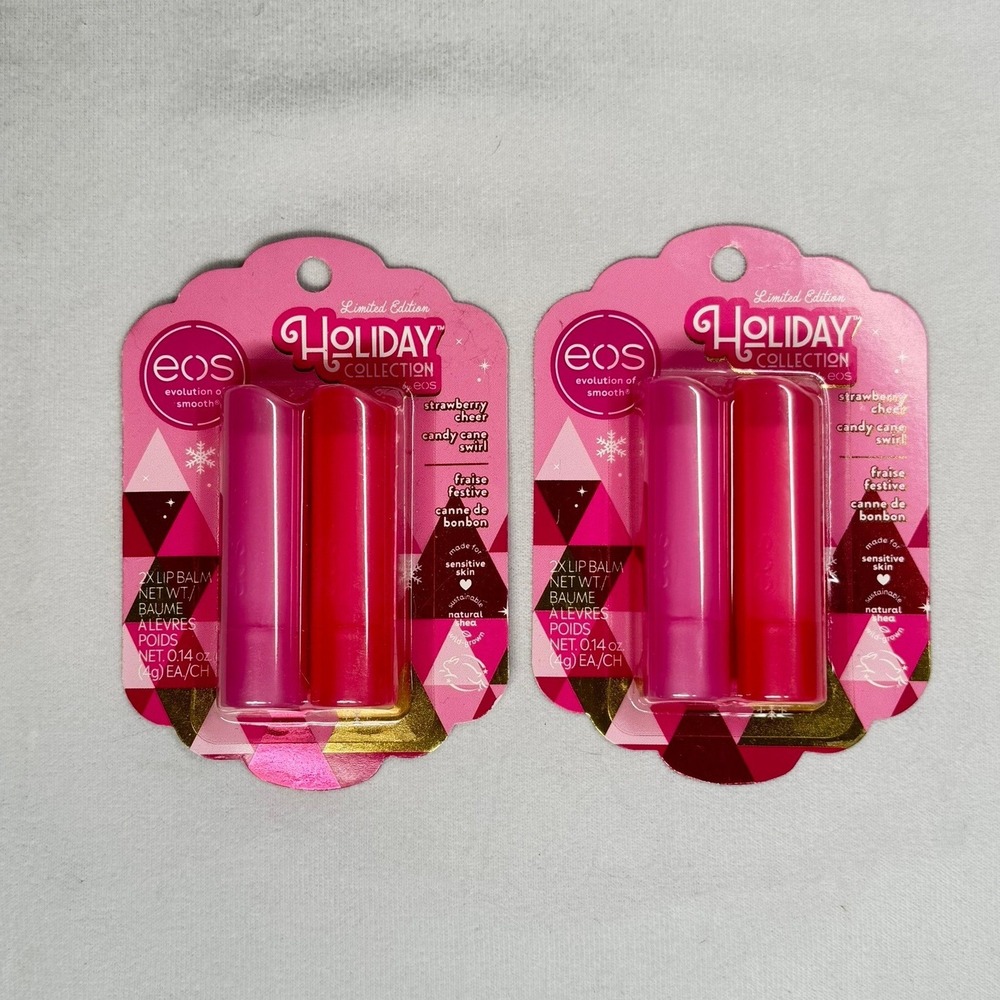 2X EOS Holiday Collection Lip Balm 2 Pack Strawberry Cheer Candy Cane Swirl New